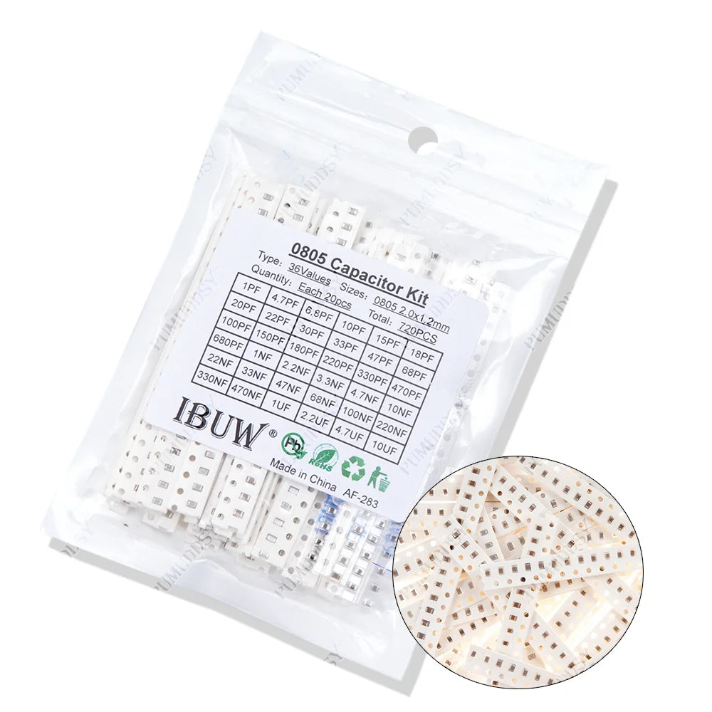 Kit Surtido Capacitor SMD (0603/0805/1206, 1pF-1uF, Varios Formatos: 16/36/50 Valores, 320/720/2500 Piezas)