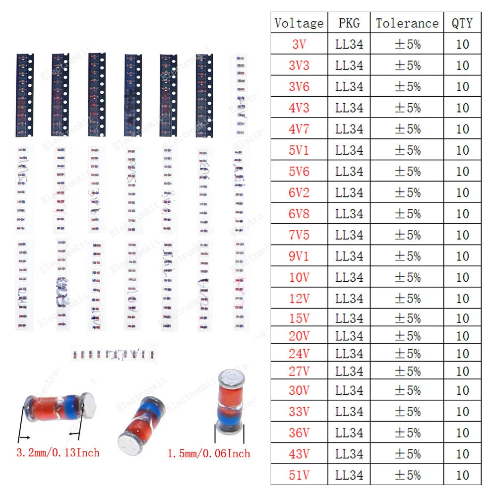 Kit Surtido Diodos (Rectificador/Zener/Schottky Rápido/Switching) DIP/SMD (1N4148, 1N4007, 1N5819, FR107, etc.)