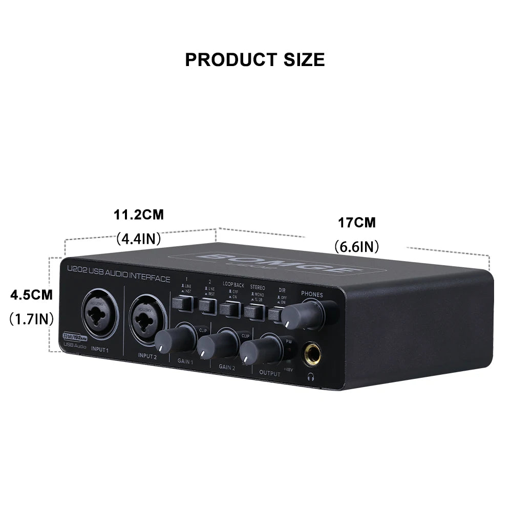 Interfaz de Audio USB Bomge U202 Preamplificador Micrófono XLR/TRS/TS 48V 32-bit/192kHz Grabación/Streaming