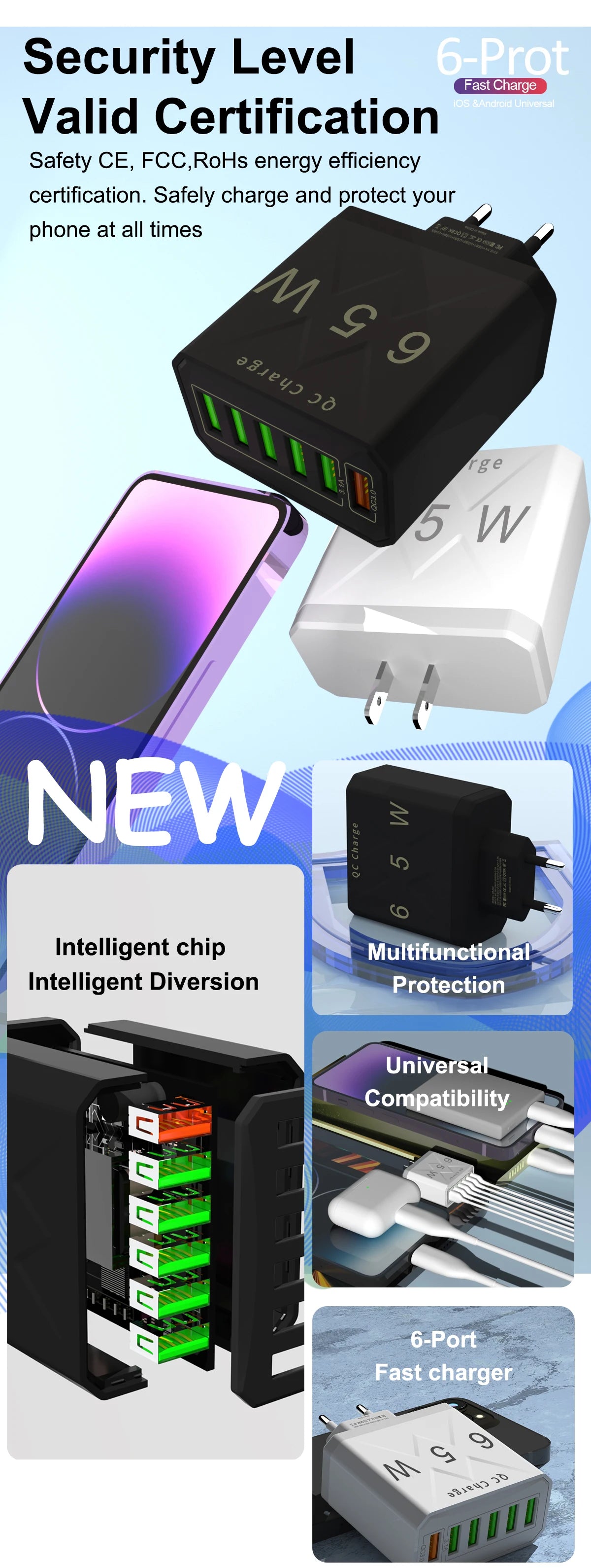 Adaptador Cargador Viaje Rápido USB 3.1A 6 en 1 Multi-Enchufe QC3.0 para iPhone 12/13/Samsung/Xiaomi