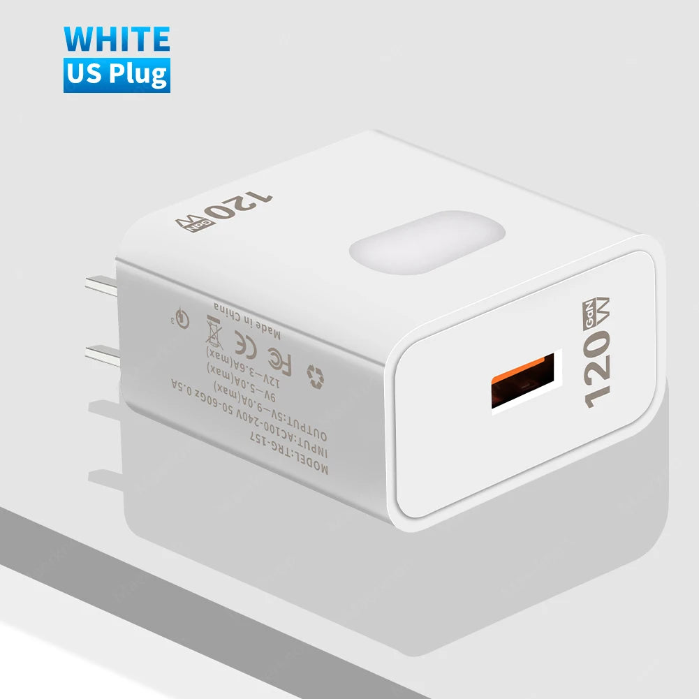 Cargador USB GaN 120W Carga Rápida con Cable USB Tipo C 10A para iPhone/Huawei/Samsung/Xiaomi