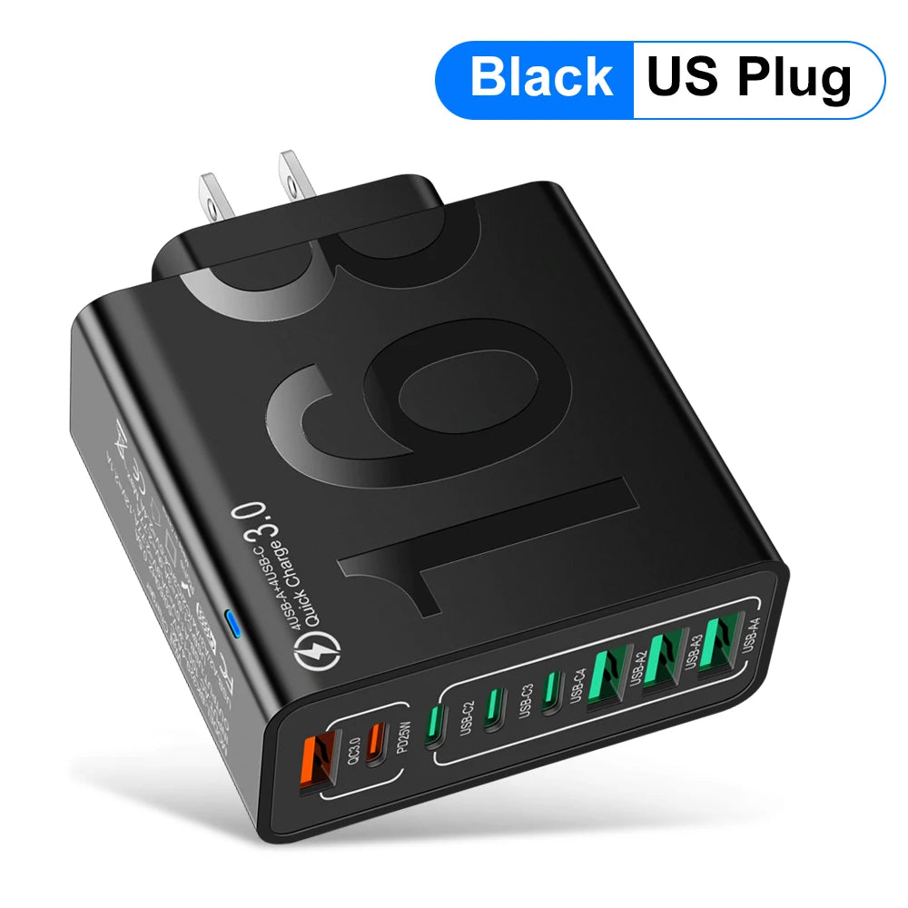 Cargador Pared USB Tipo C Múltiple 8 Puertos Alta Velocidad Carga Rápida PD para iPhone 15/Xiaomi/Huawei