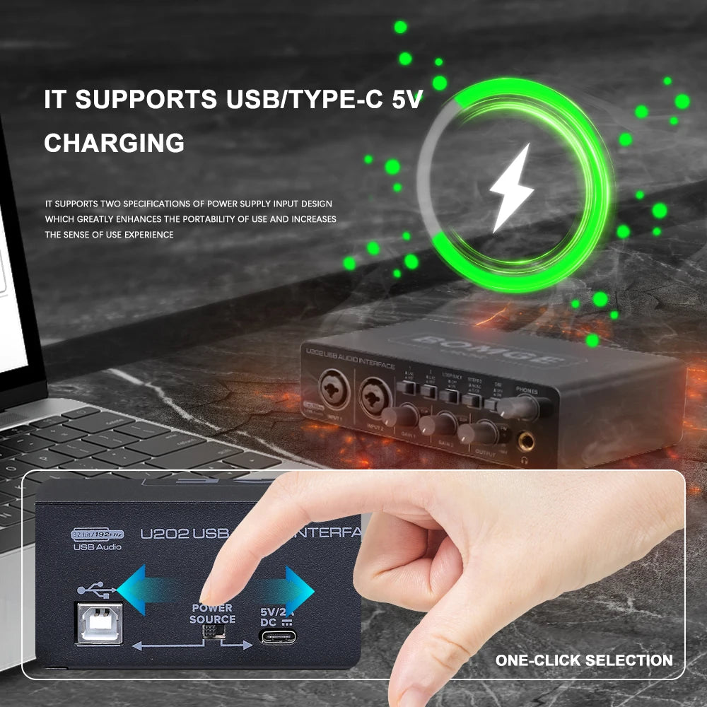 Interfaz de Audio USB Bomge U202 Preamplificador Micrófono XLR/TRS/TS 48V 32-bit/192kHz Grabación/Streaming