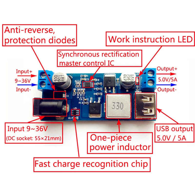 Módulo Convertidor Buck DC-DC 24V/12V a 5V 5A Step-Down Carga USB (Reemplazo LM2596S)