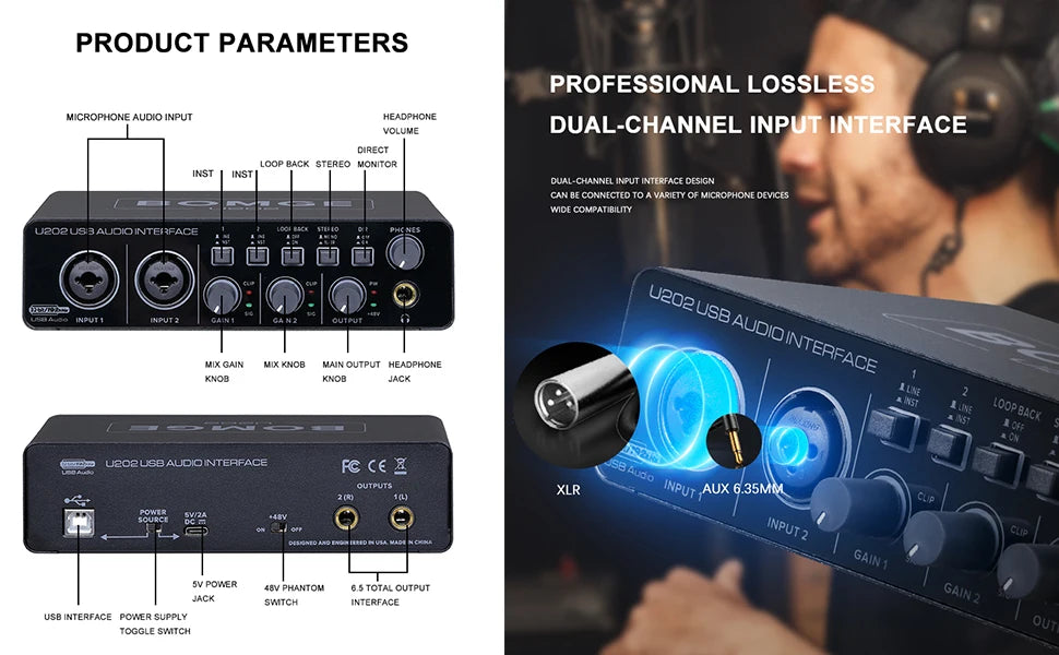 Interfaz de Audio USB Bomge U202 Preamplificador Micrófono XLR/TRS/TS 48V 32-bit/192kHz Grabación/Streaming