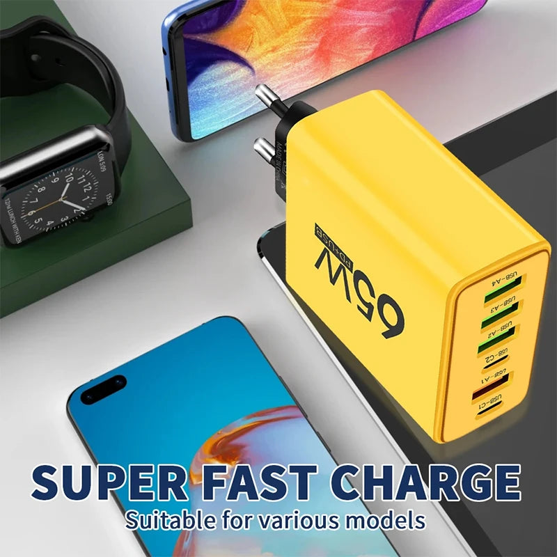 Cargador Pared USB Tipo C 6 Puertos Carga Rápida PD para iPhone 14/15 Pro Max/Samsung/Xiaomi/Huawei