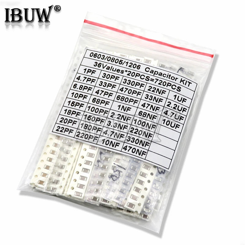 Kit Surtido Capacitor SMD (0603/0805/1206, 1pF-1uF, Varios Formatos: 16/36/50 Valores, 320/720/2500 Piezas)