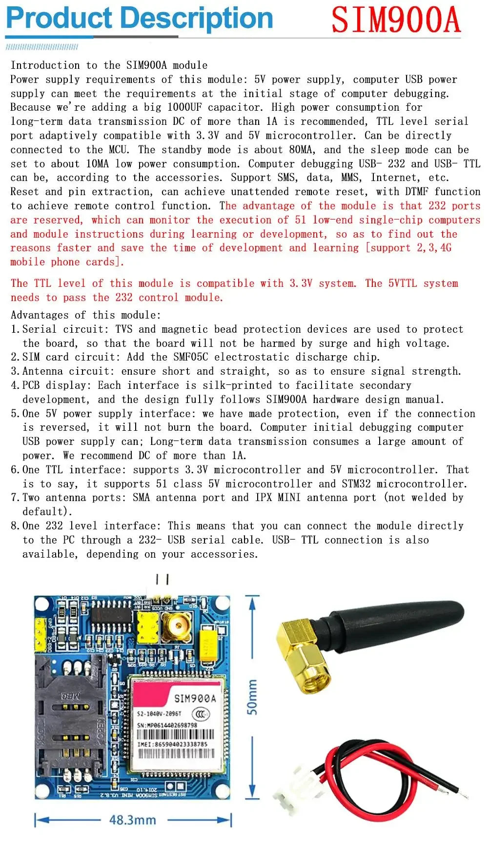 Kit Placa Módulo Transmisión Datos Inalámbrica GSM/GPRS SIM900A / SIM900 Mini V4.0 con Antena (C83)