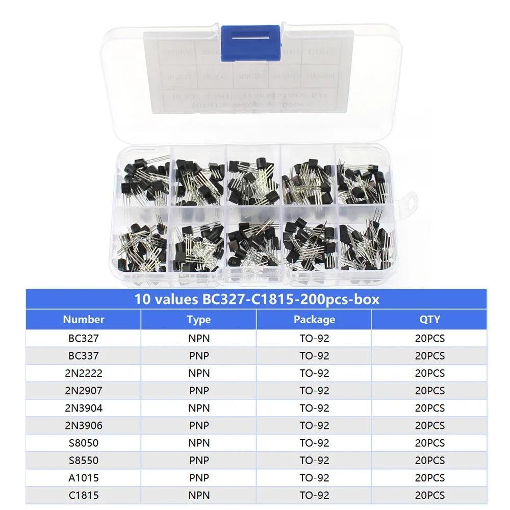 Kit Surtido Transistores BJT TO-92 NPN/PNP (A1015, BCxxx, S8xxx, 2Nxxxx) - 50-900 Piezas