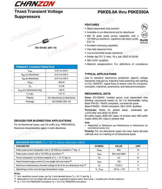Diodo TVS 600W DO-15 P6KE - Varios Voltajes (6.8A a 400A) - Pack 50 Piezas