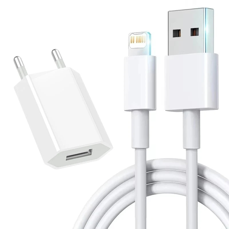 Cargador USB EU Carga Rápida para iPhone 6S-14 Pro Max/Plus/X/XR/XS con Cable Datos USB (1m/1.5m/2m)