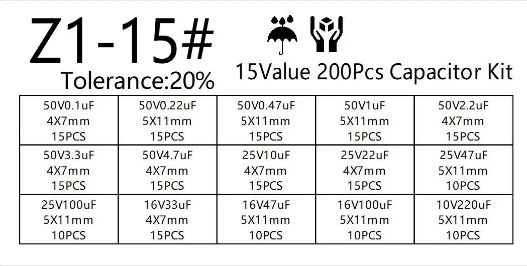 Kit Surtido Capacitores Electrolíticos Radiales 15 Valores (10V-50V, 0.1uF-220uF) (Lote 200 Unidades)