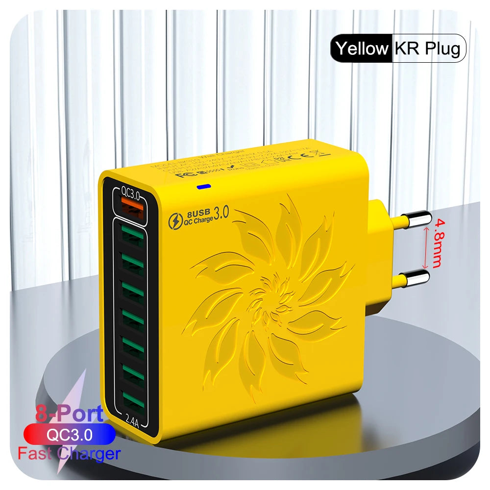 Cargador Rápido USB 8 Puertos QC5.0 120W Adaptador Corriente Enchufe EU/US/KR para iPhone 13/14/15/Xiaomi/Samsung