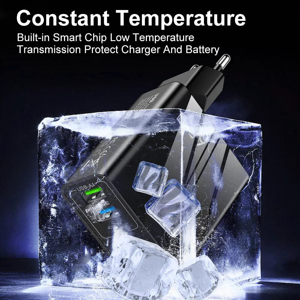 Cargador Pared Rápido 65W (PD + 3 USB-A 3.1A) Adaptador Viaje Multi-Interfaz Enchufe EU/US para Samsung/Xiaomi/iPhone