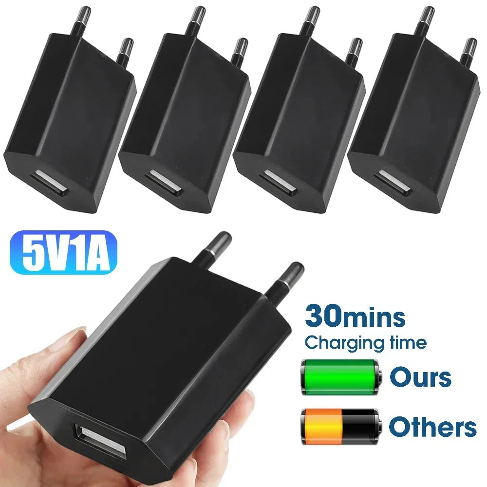 Cargador Pared USB NNBILI Universal 5V 1A (Enchufe EU) Adaptador Corriente para iPhone/iPad/Samsung/Xiaomi/Redmi/Huawei/Google (1/5 Unidades)