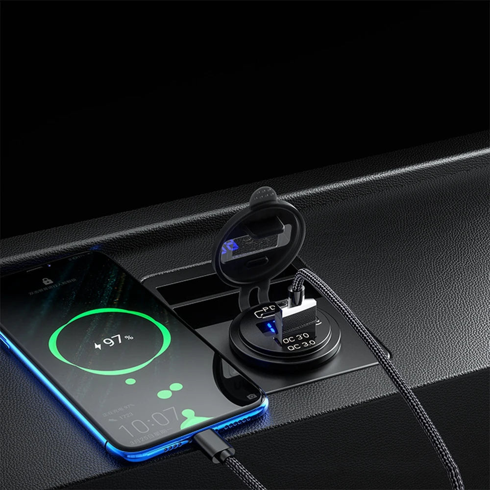 Cargador USB Auto/Camión PD 60W + QC 3.0 con Switch LED Voltímetro 12V/24V Carga Rápida