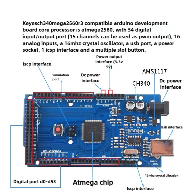 Placa Desarrollo MEGA2560 R3 (ATmega2560-16AU, CH340G) AVR USB / MEGA2560 PRO para Placa Expansión Arduino DIY Kit