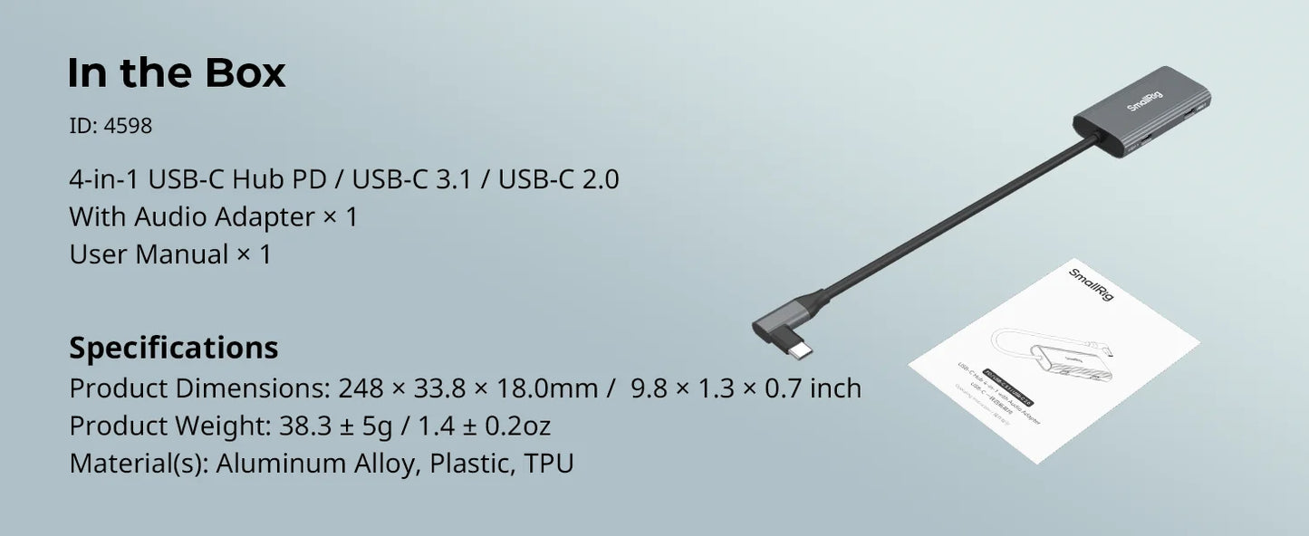 Hub USB-C 4-en-1 SmallRig PD 100W USB-C 3.1 + USB-C 2.0 + Adaptador Audio para Grabación Video Profesional Celular (4598)