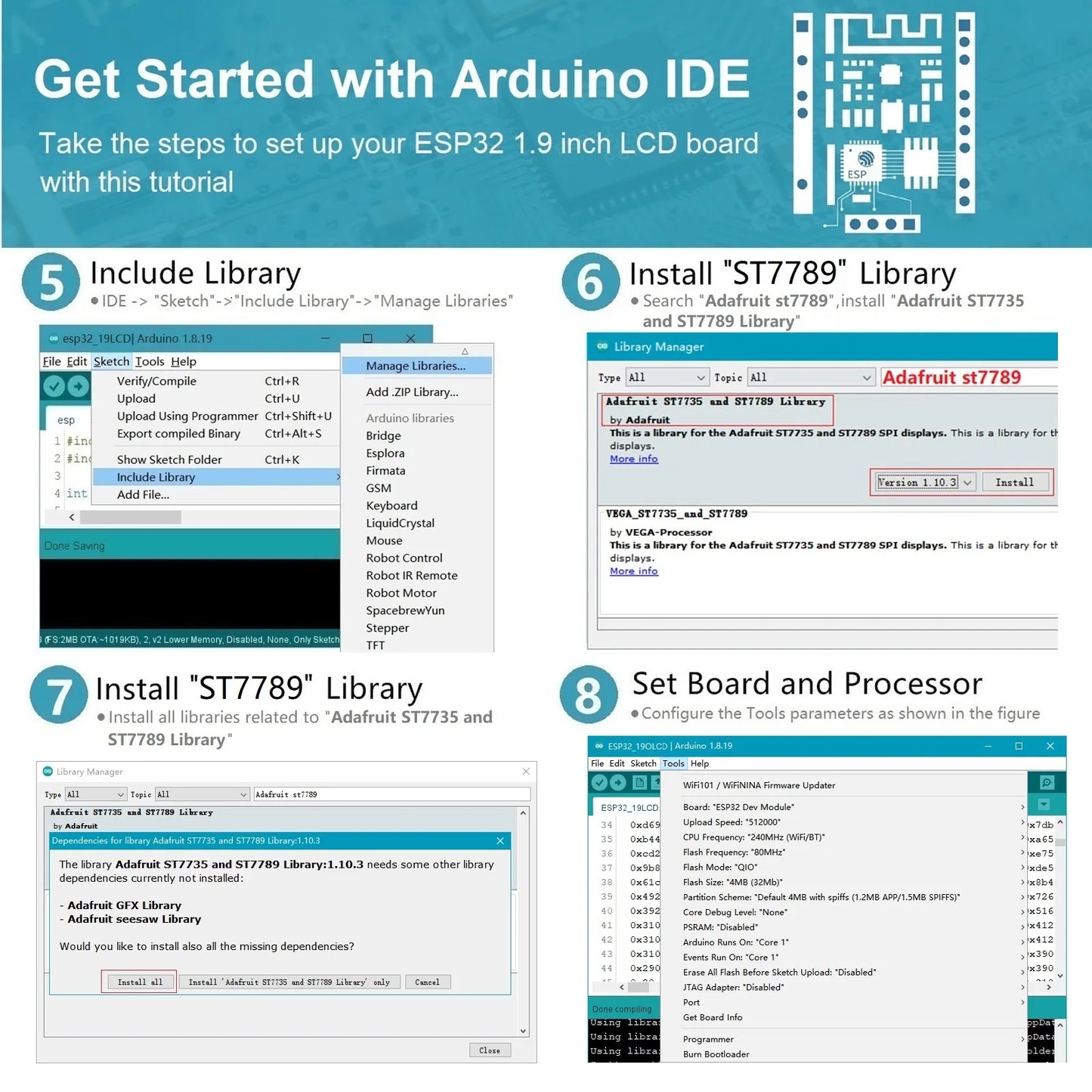 Placa Desarrollo IDEASPARK ESP32 (16MB) con Pantalla LCD TFT 1.9" (ST7789, 170x320), WiFi+BT, CH340, Tipo C para Arduino/Micropython