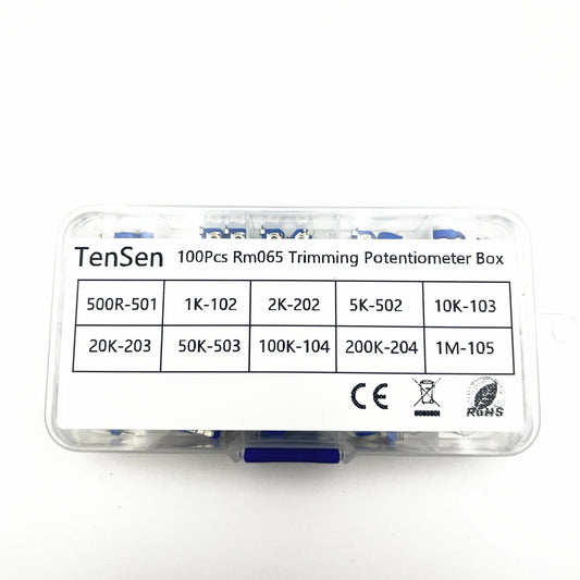 100Pcs/Box RM065 Carbon Film Horizontal Trimpot Potentiometer Assortment Kit 10 Values Variable Resistor 500R 1K 2K 5K 10K -1M