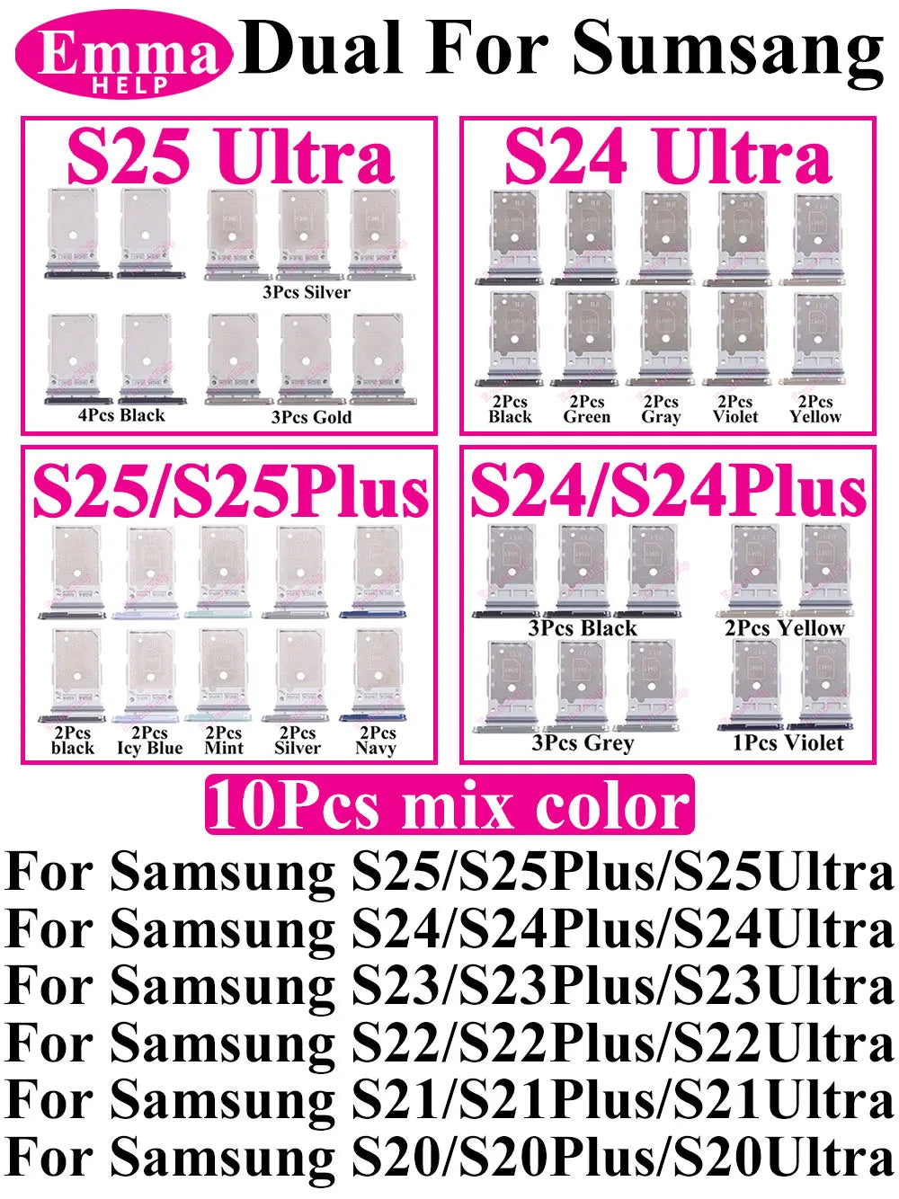 Bandeja Porta Tarjeta SIM para Samsung Galaxy S20-S25 Plus/Ultra (Modelos Específicos Listados, 10 Unidades)