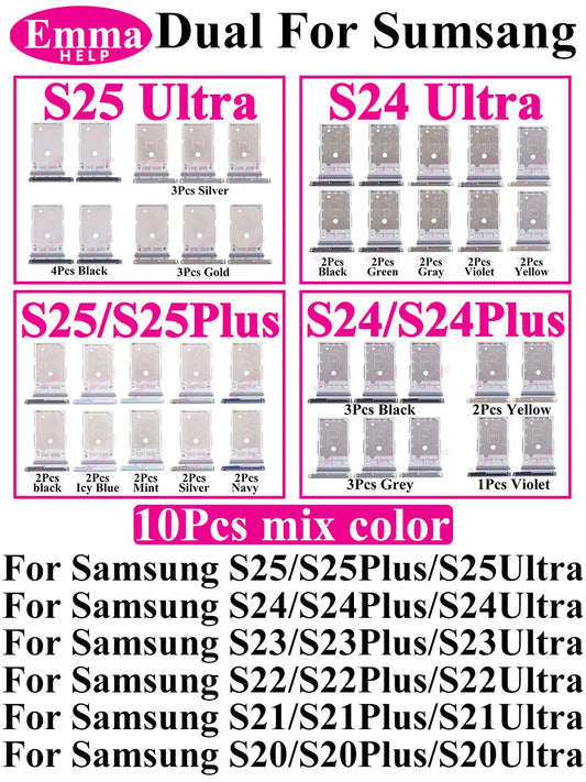 Bandeja Porta Tarjeta SIM para Samsung Galaxy S20-S25 Plus/Ultra (Modelos Específicos Listados, 10 Unidades)