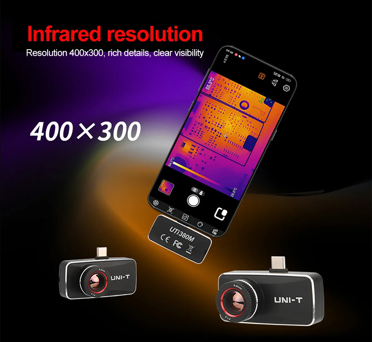 Cámara Térmica UNI-T UTi380M para Android - Termógrafo 400x300 Píxeles, Enfoque Manual, Test Fallo Circuito PCB