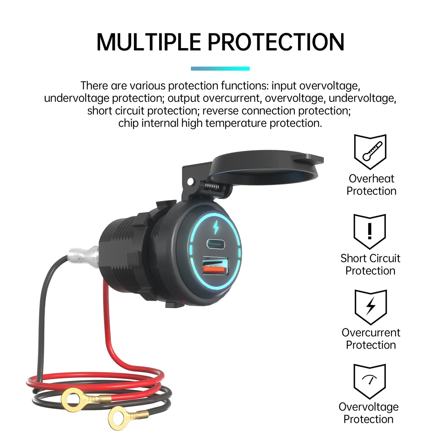 Socket Cargador USB 100W Impermeable Carga Rápida PD Tipo-C + QC3.0 para Auto/Bote/RV/Moto 12V-24V