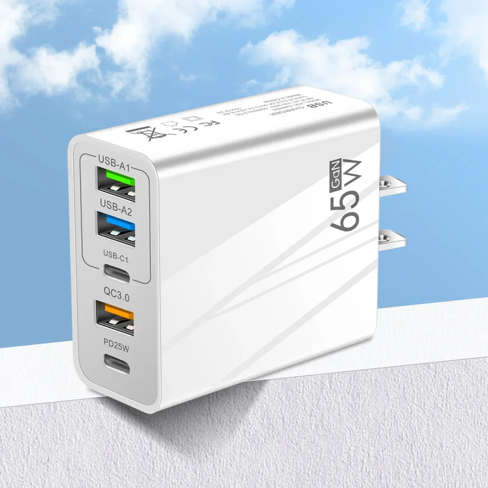 Cargador Pared Rápido 65W (PD + 3 USB-A 3.1A) Adaptador Viaje Multi-Interfaz Enchufe EU/US para Samsung/Xiaomi/iPhone