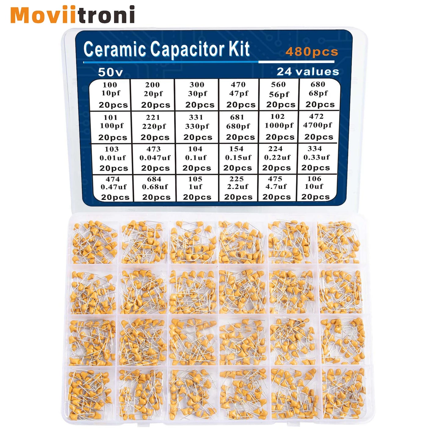 Kit Surtido Capacitores Cerámicos 24 Valores (0.1uF-10uF) para Guitarra (480 Unidades)