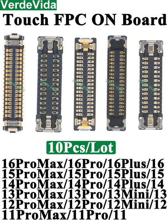 Conector FPC Táctil / Pantalla LCD en Placa Base para iPhone X/XS/XR/11/12/13/14/15/16 Pro Max/Plus (10 Unidades)