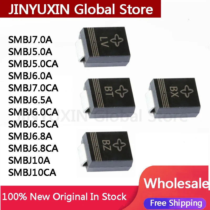 Diodo TVS SMD SMBJ 600W - Varios Voltajes (5.0A/CA a 10A) - Lote 100 Piezas