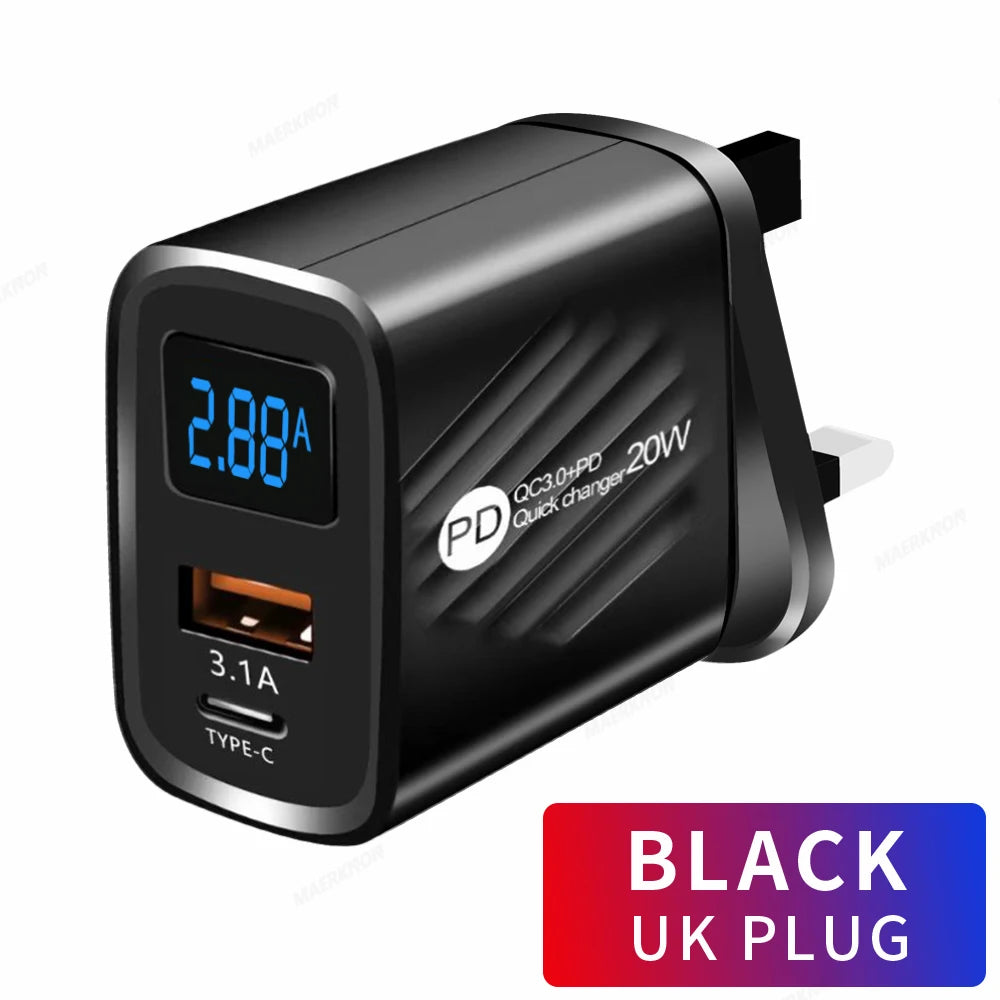 Cargador Pared USB Tipo C PD 20W Carga Rápida con Pantalla Digital para iPhone/Samsung/Xiaomi