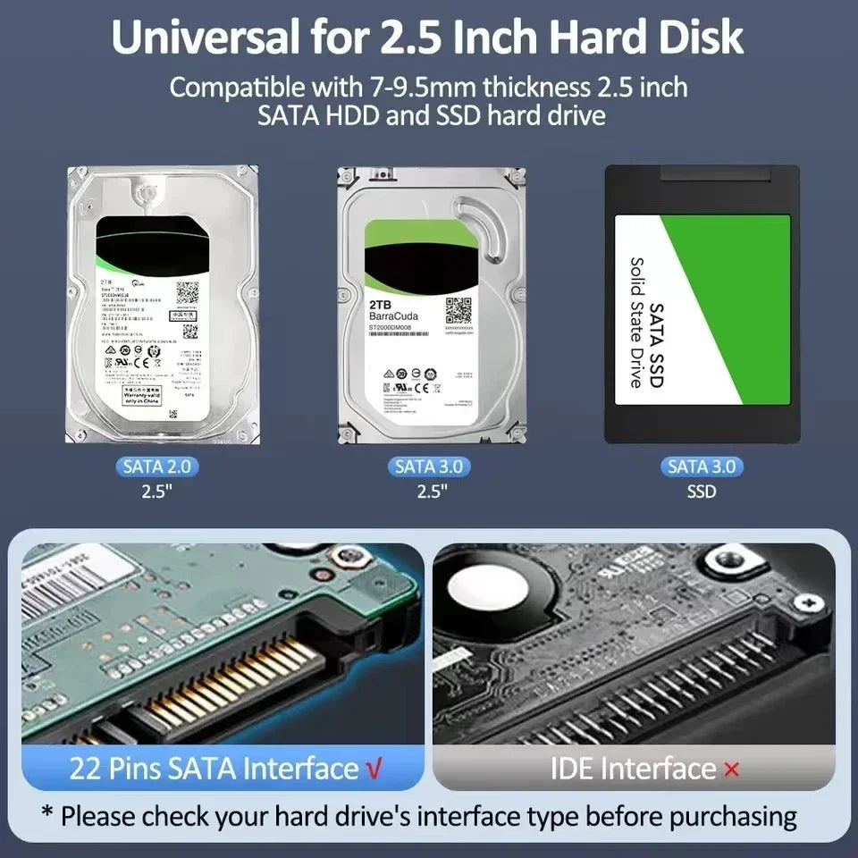 Carcasa Externa USB 3.0/Tipo C para Disco Duro HDD/SSD SATA 2.5" (UASP, Transparente, Portátil, Tool-Free)