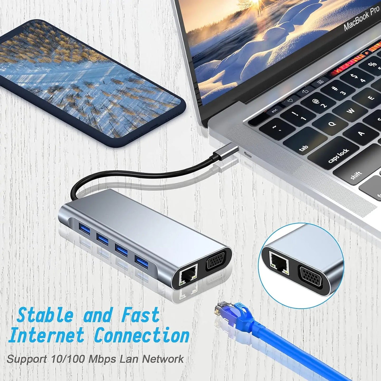 Hub Adaptador Dongle USB-C con HDMI 4K, VGA, PD, RJ45, Lector Tarjetas SD/TF para MacBook Pro/Air M1, iPad