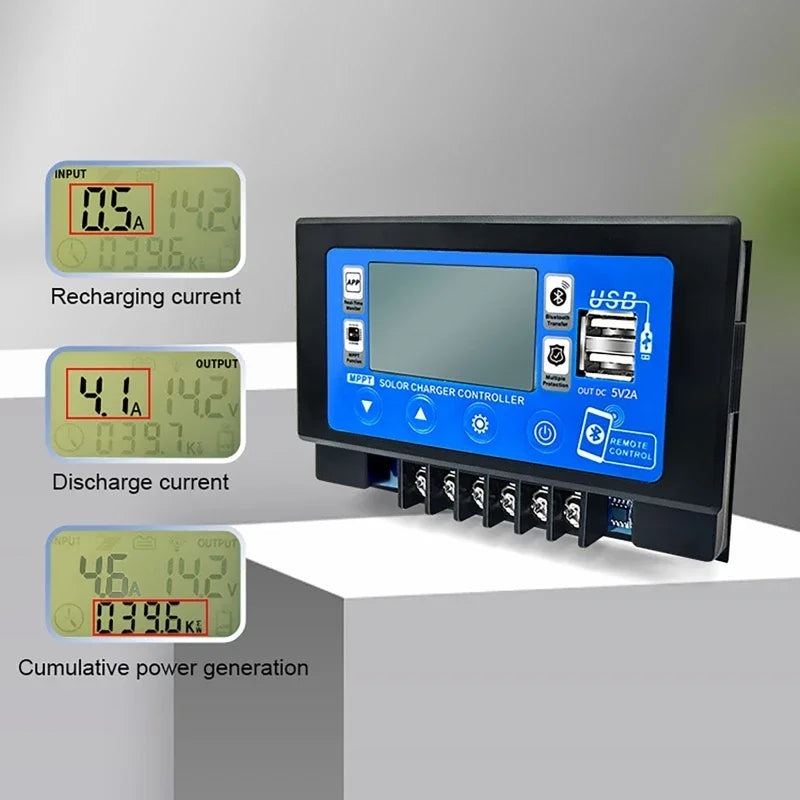 Controlador Carga Solar MPPT 30A/60A 12V/24V LCD Display Bluetooth/WiFi Snap-On Almacenamiento Energía