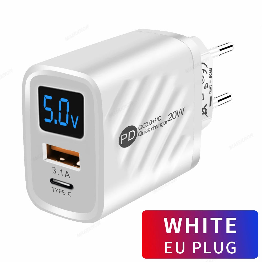 Cargador Pared USB Tipo C PD 20W Carga Rápida con Pantalla Digital para iPhone/Samsung/Xiaomi