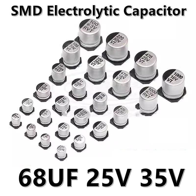 Capacitor Electrolítico SMD (68uF, 25V/35V, 6.3x5.4mm / 6.3x7.7mm) - Pack 20 Unidades
