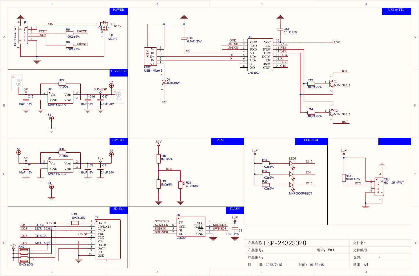 Módulo Pantalla Inteligente RCmall ESP32-2432S028R (LCD TFT 2.8", 240x320, Driver ILI9341)