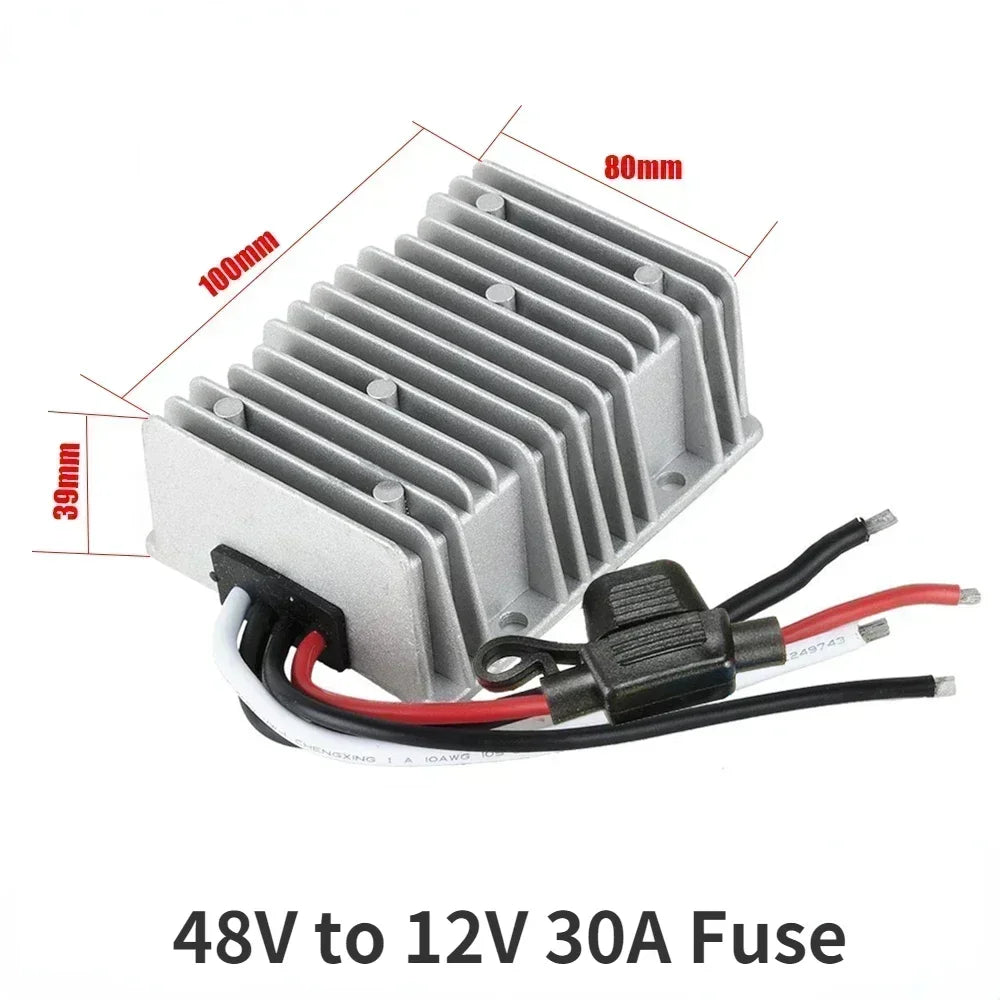 Reductor Voltaje DC-DC 36V/48V a 12V 10A/20A/30A Step-Down Buck Impermeable con Fusible (CE/RoHS) para Golf Cart