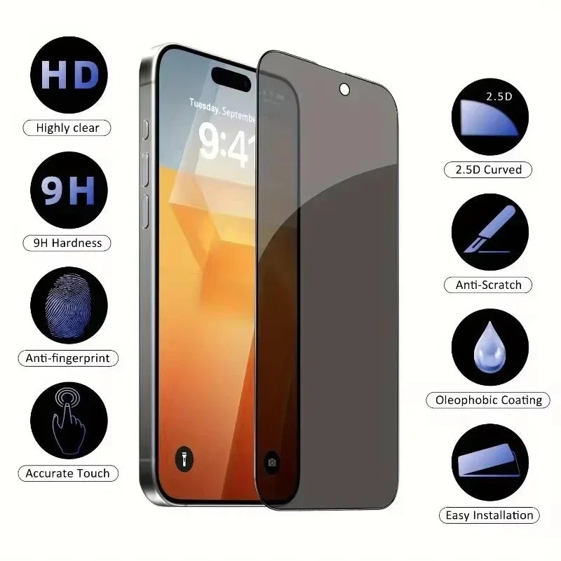 Protector Pantalla Privacidad Anti-Espía Cobertura Completa 8K para iPhone 11-16 Pro Max/Mini/XR/X/XS (5 Unidades)