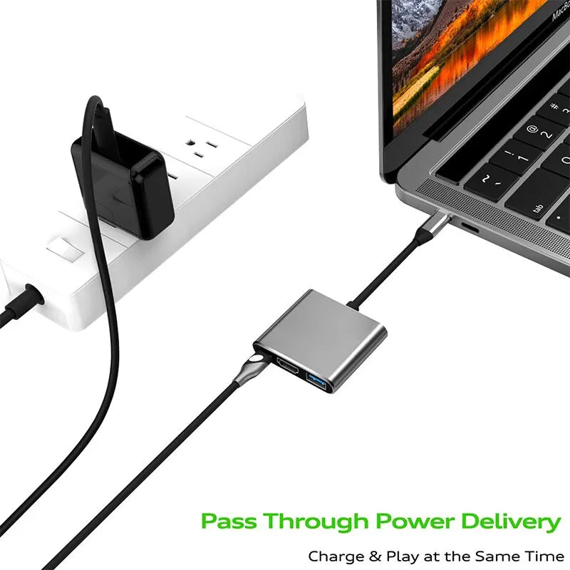 Hub USB C 3 en 1 (Tipo C 3.0 a HDMI 4K, PD Carga Rápida) Adaptador Splitter para MacBook/Teléfono/Computadora