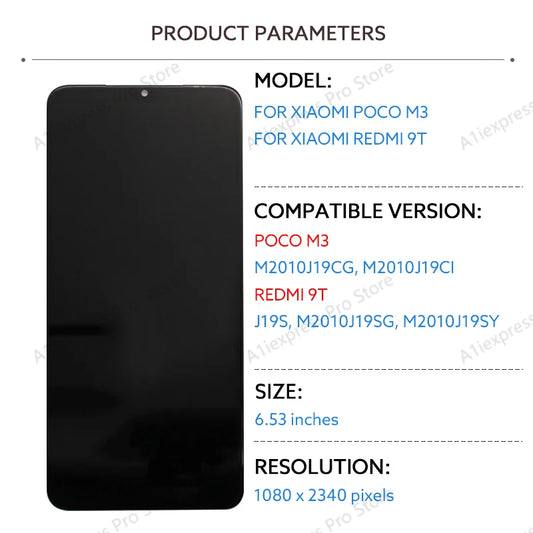 6.53" LCD Display For Xiaomi Poco M3 Redmi 9T LCD Touch Screen Digitizer Assembly With Frame M2010J19CG Replacement Repair Parts