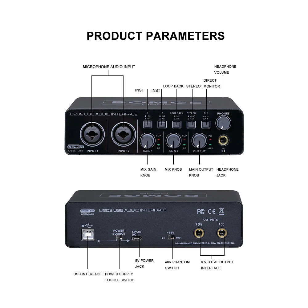Interfaz de Audio USB Bomge U202 Preamplificador Micrófono XLR/TRS/TS 48V 32-bit/192kHz Grabación/Streaming