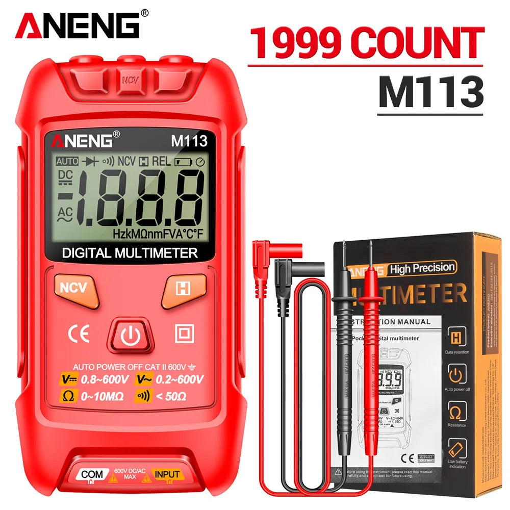 Mini Multímetro Digital Inteligente ANENG M113 (1999 Cuentas) Medidor Voltaje AC/DC/Ohm/NCV Herramienta Eléctrica
