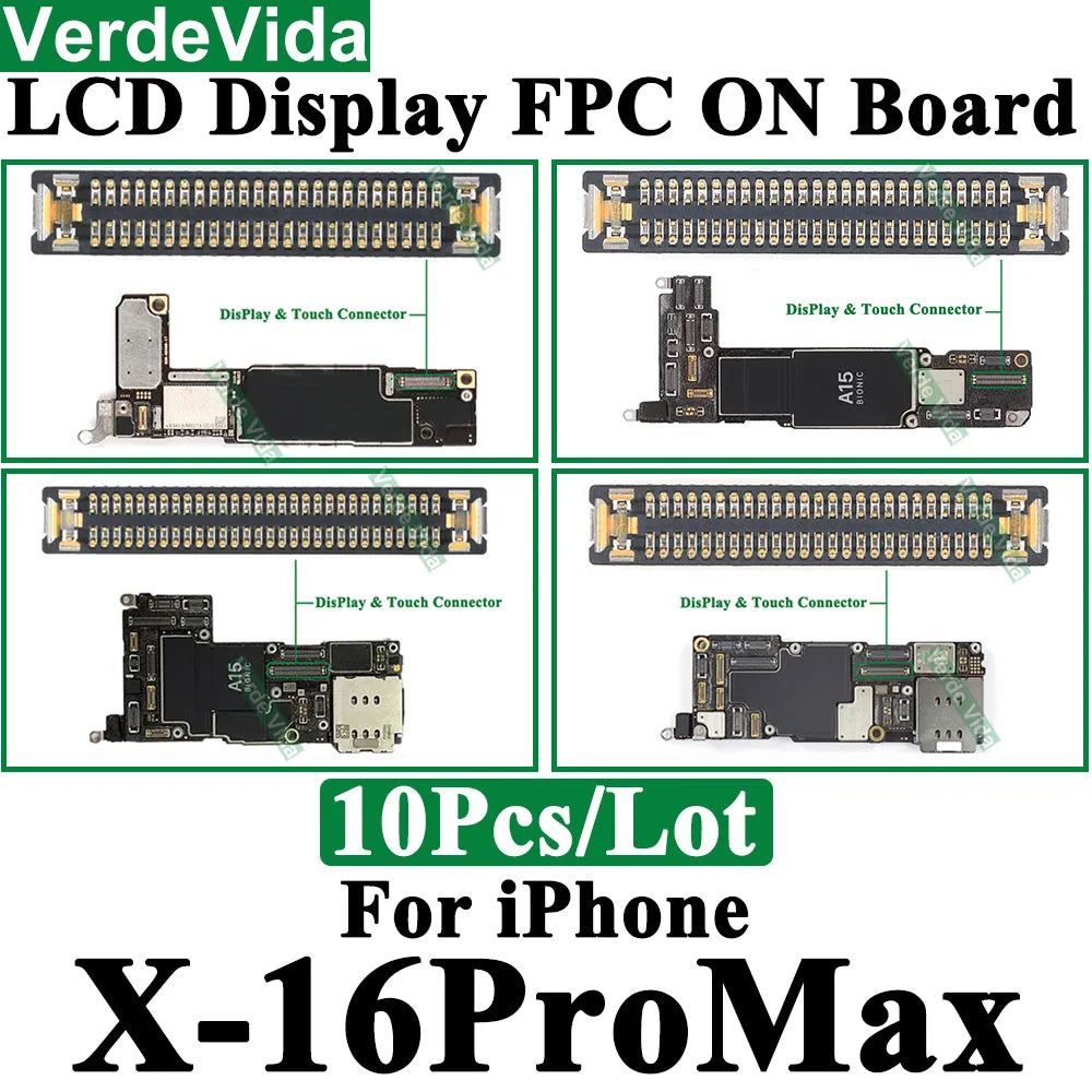 Conector FPC Pantalla LCD / Táctil en Placa Base para iPhone X/XS/XR/11/12/13/14/15/16 Pro Max/Plus (10 Unidades)