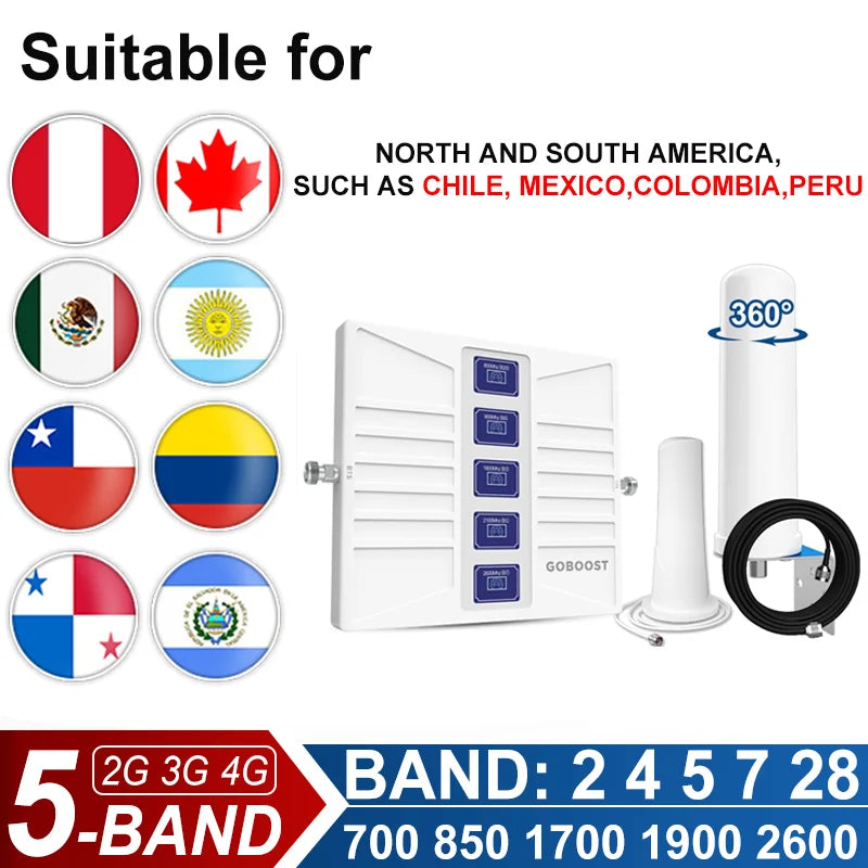 Amplificador Señal Celular 5 Bandas 2G/3G/4G LTE Repetidor 700/1700/1900/2600 MHz