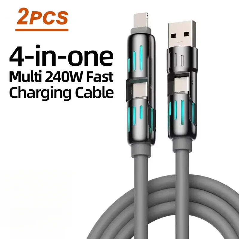 Cable Carga USB Multifunción 4 en 1 MFISH (USB/Tipo C/Lightning, Max 240W) Carga Rápida y Sincronización Datos para iPhone 15/16/iPad