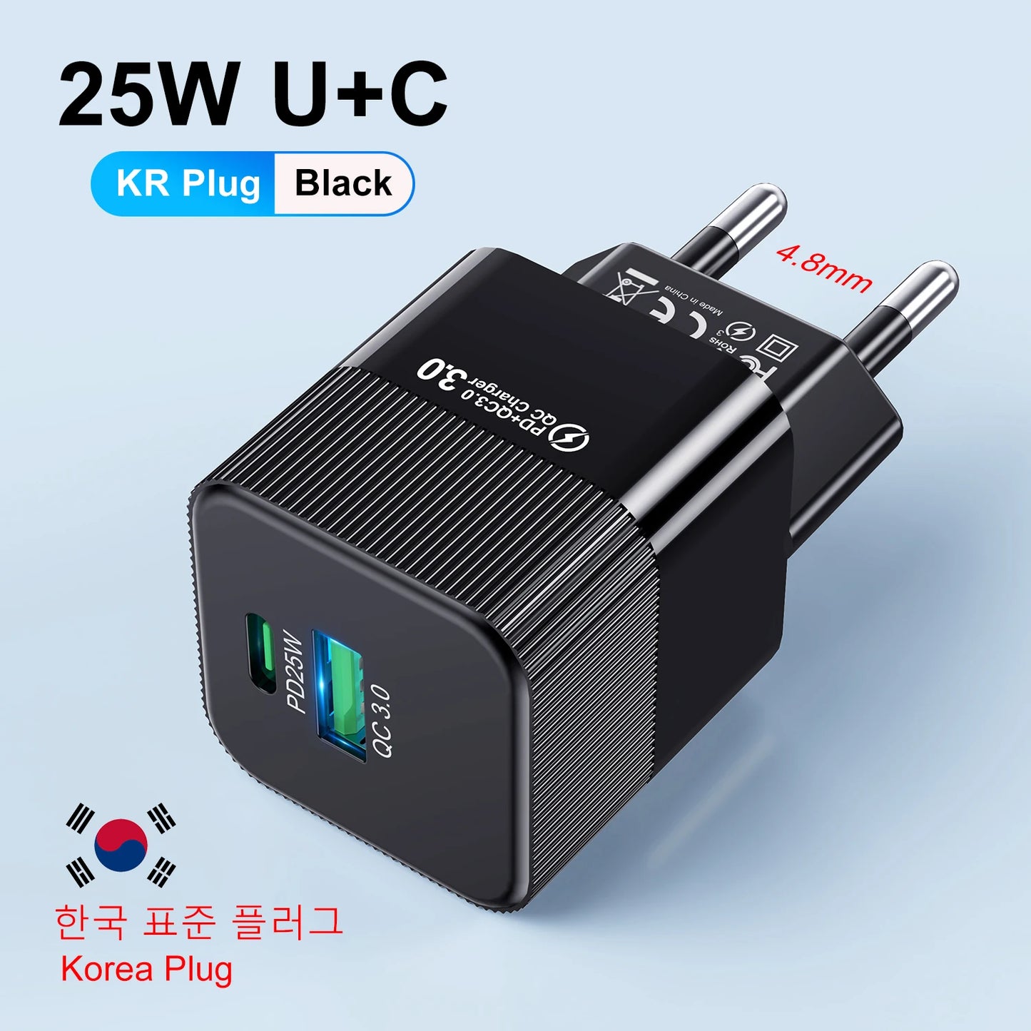Cargador Pared Rápido PD 25W USB Tipo C (Enchufe Coreano KR) para iPhone 15 Pro Max