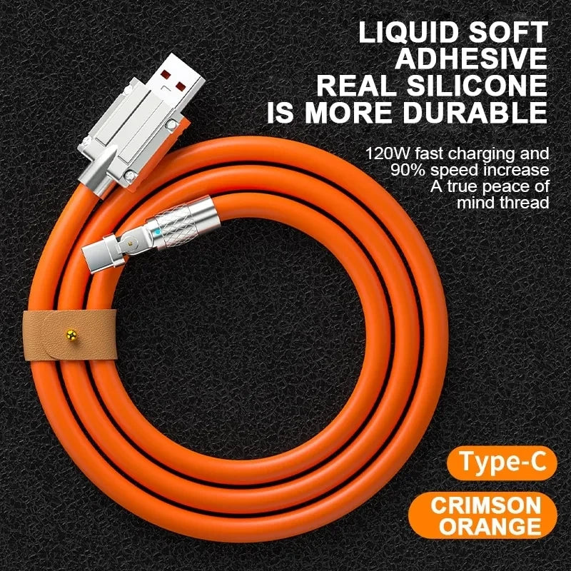 Cable Datos Silicona Grueso/Alargado Tipo C 120W 6A Carga Ultra Rápida con Rotación 180° para Huawei/Samsung/Xiaomi